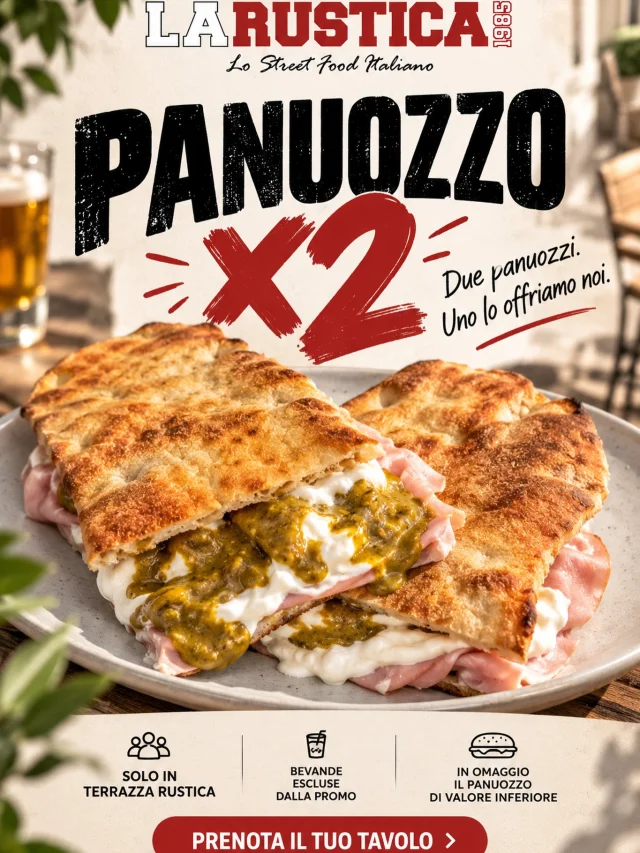 Mercoledì 30 settembre!
Due panuozzi. Uno lo offriamo noi. 🍕🤝
Arriva PANUOZZO X2 in Terrazza Rustica.
Vieni con chi vuoi, scegliete due panuozzi dal nostro menu e quello di valore inferiore è offerto da LaRustica.

Prenota al link in bio!