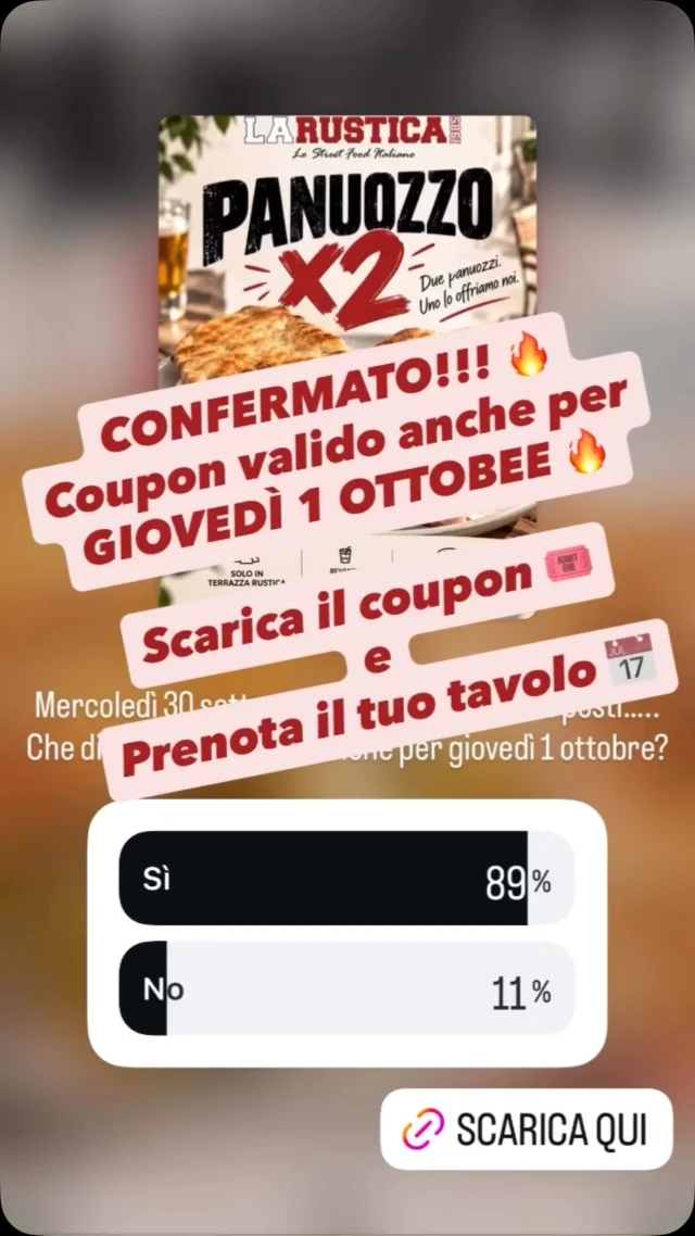 La terrazza è piena!!! 🔥
PanuozzoX2 esteso anche a GIOVEDÌ 1 OTTOBRE!
Grazie a tutti ❤️‍🔥 ci vediamo davanti al panuozzo 

#santeramo #santeramoincolle #pizzeriarustica #larustica #panuozzo