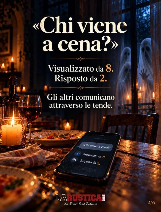 LaRustica presenta🍿
La cena dei Sopravvissuti - Il gruppo WhatsApp 🎃

Tu porta i vivi, noi vi regaliamo crocchette fantasma

📅27 ottobre - 1 novembre
📍Terrazza Rustica
🎫 link della promo in bio

#pizzeriarustica #santeramoincolle
#halloween #pizza panuozzo